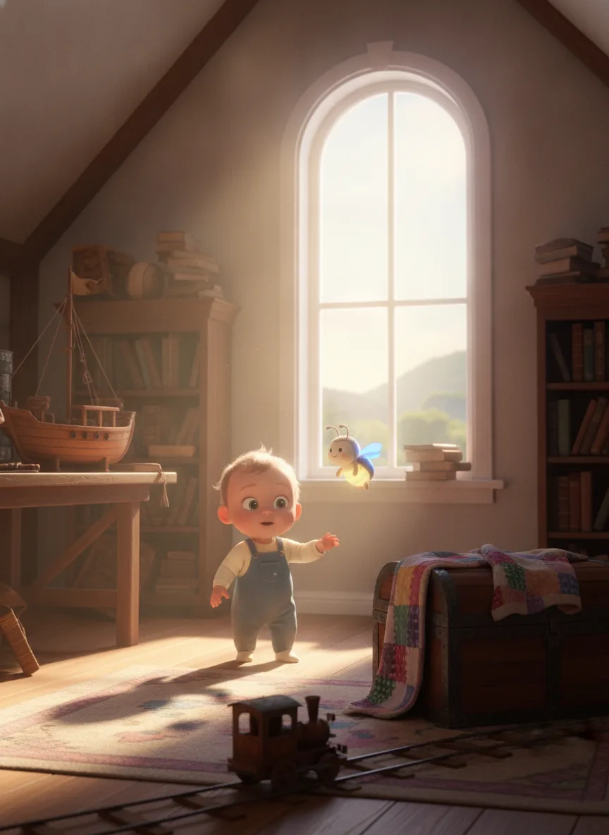 A baby in blue dungarees taking a few wobbly steps across a sunlit attic room, a wooden train on the rug and a small glowing firefly at the window.