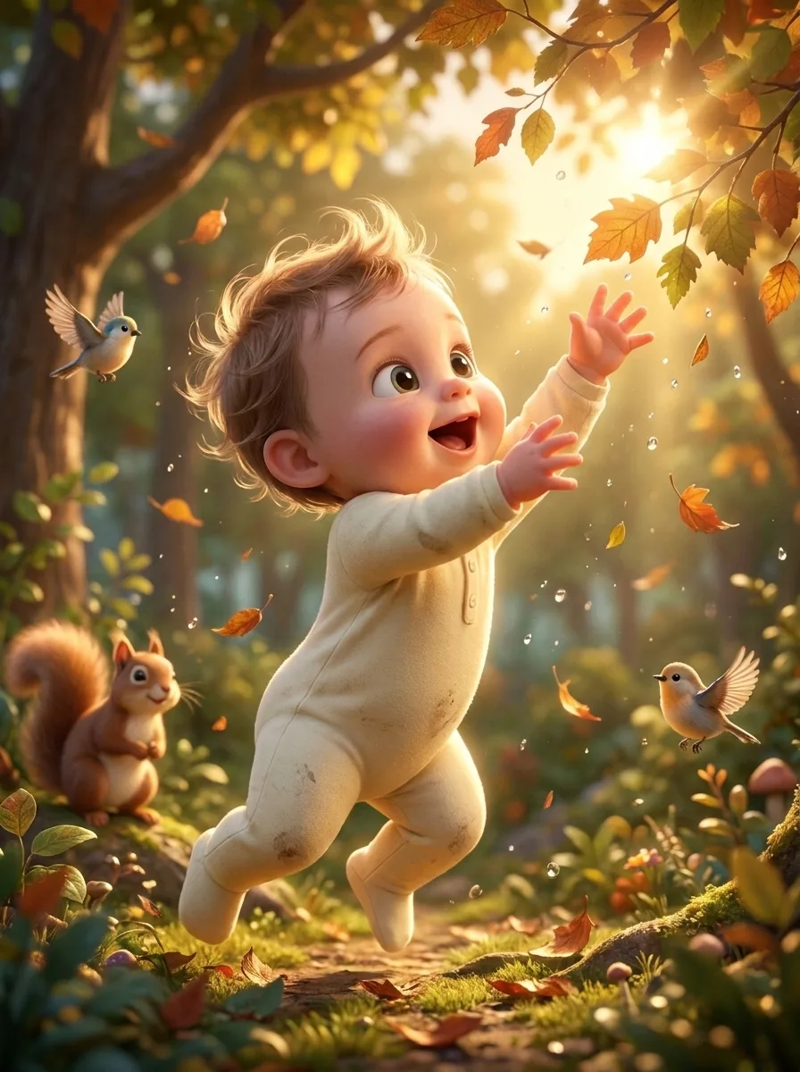 The same baby mid-leap along a woodland path, both hands up at the falling autumn leaves, a squirrel and two small birds watching.