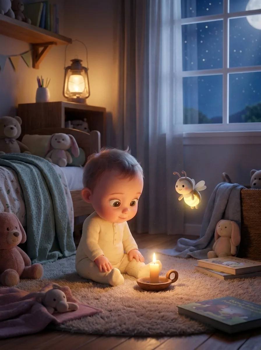 The same baby sitting on a rug at night beside one small candle, soft toys all around and a full moon in the window.