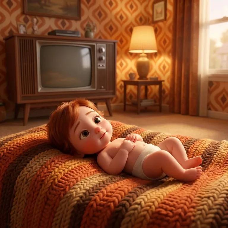 The birthday person as a small baby in a room furnished exactly the way homes looked that year.