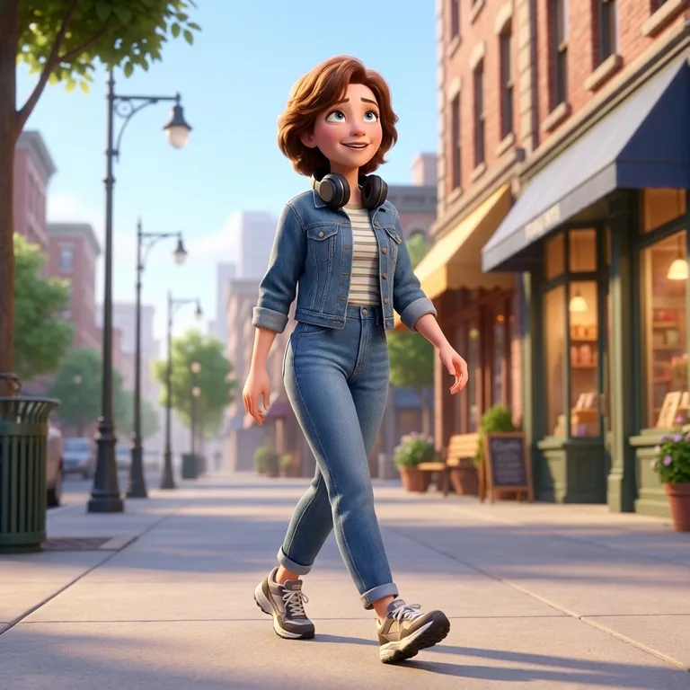Somewhere in their twenties, mid-stride on a city street, wearing what was briefly the height of fashion.