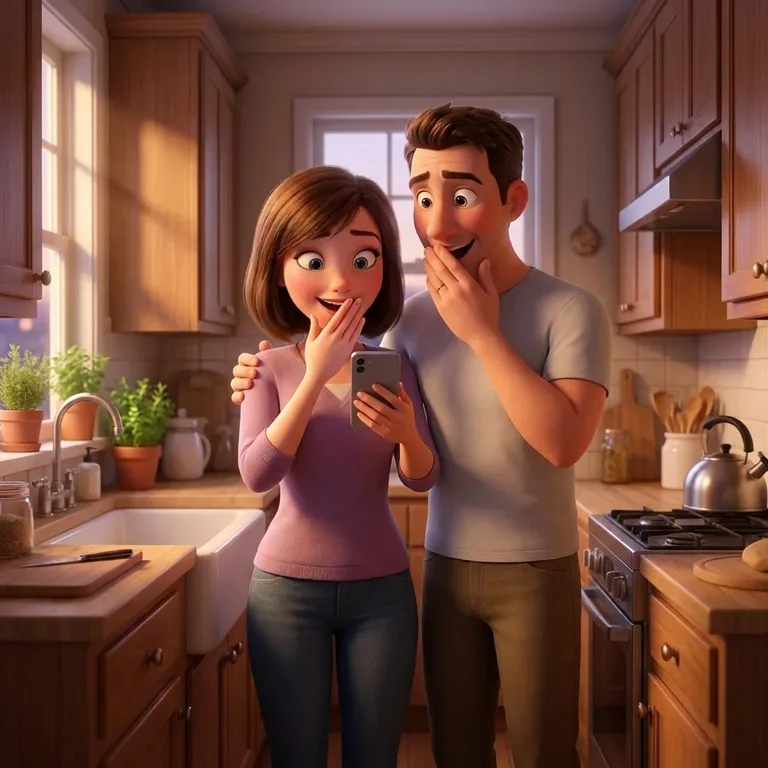 Two people in a small kitchen, one holding a phone, both completely still at the same moment.