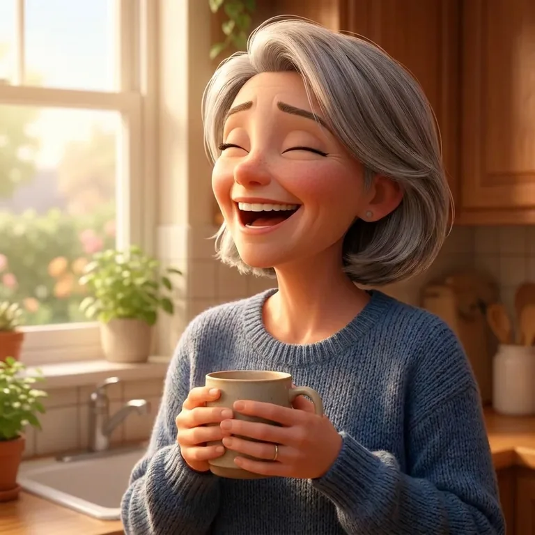 The person you love caught mid-laugh in their own kitchen, holding the mug they always reach for.
