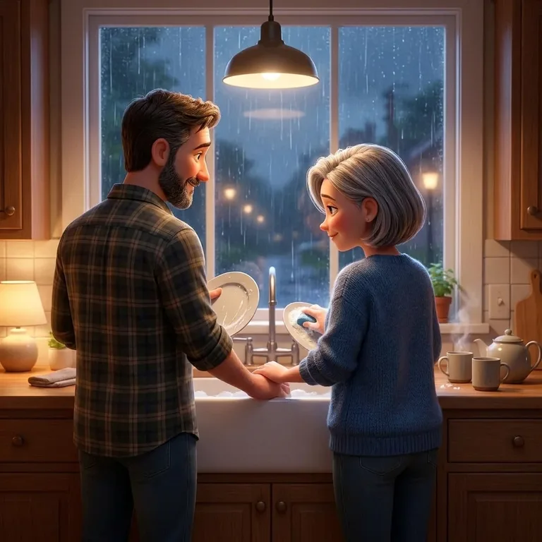 A wet Tuesday evening, two people at the sink with tea going cold, plainly enjoying each other's company.