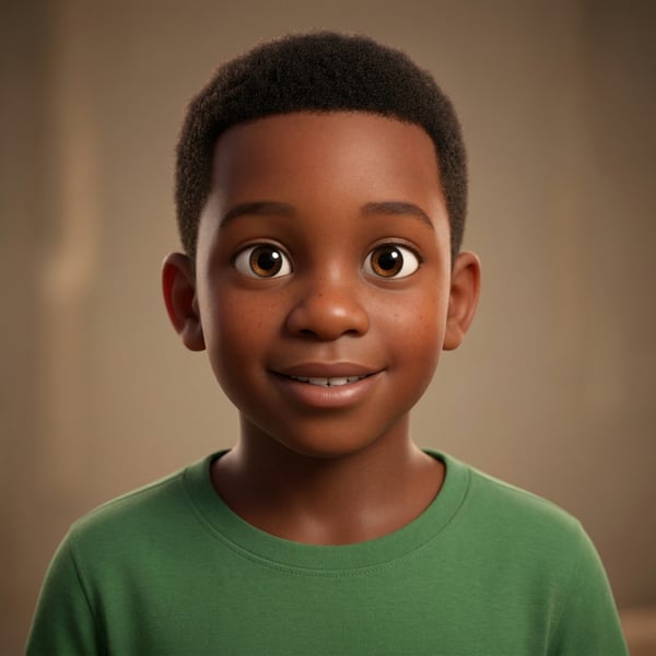 The illustrated character derived from the reference: Deep brown skin, tightly coiled hair.