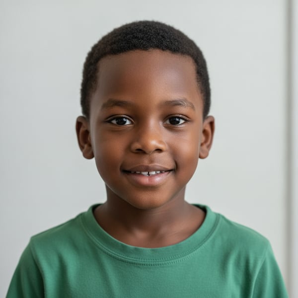 Reference portrait: Deep brown skin, tightly coiled hair, age 5.