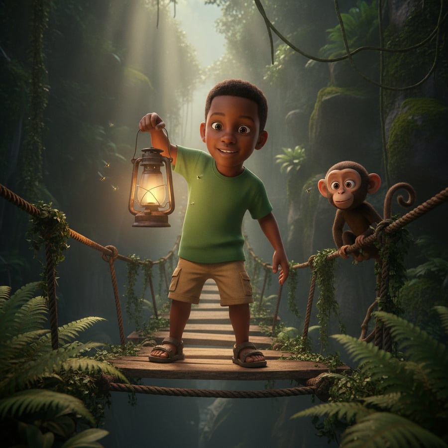 The same child illustrated inside a story scene: Deep brown skin, tightly coiled hair.