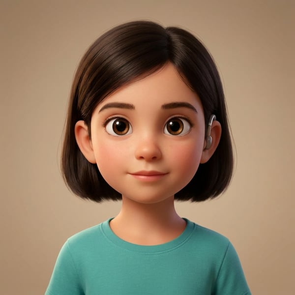 The illustrated character kept from it: A visible hearing aid
