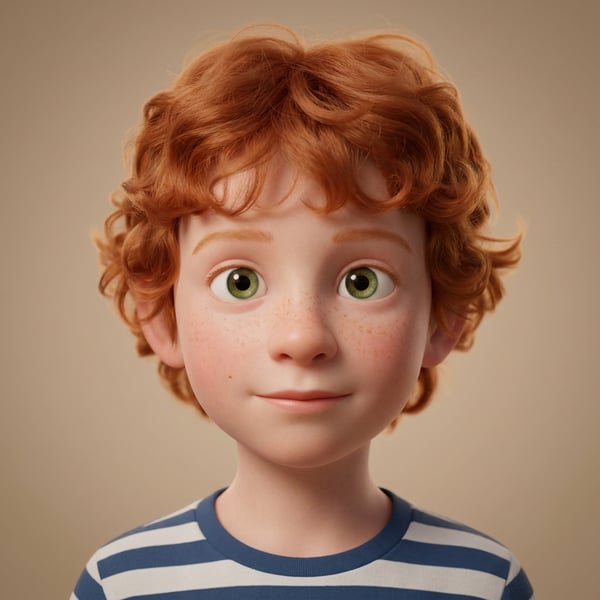 The illustrated character derived from the reference: Curly ginger hair and freckles.