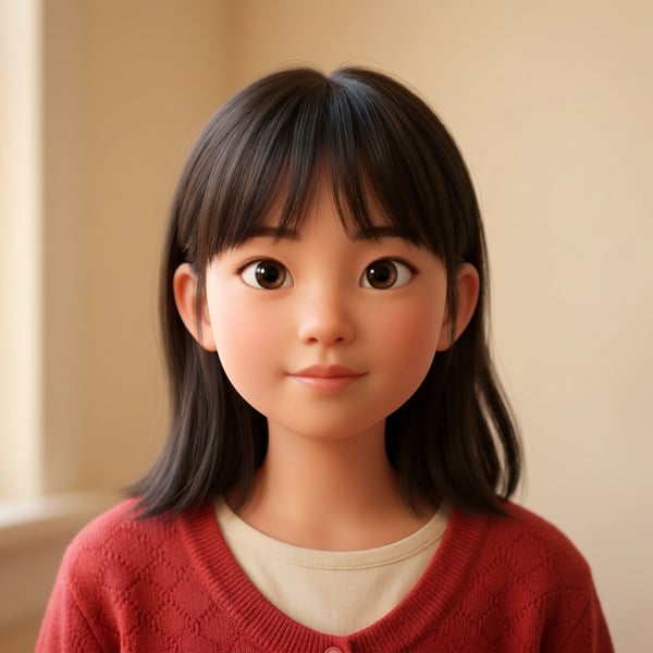 The illustrated character derived from the reference: Straight black hair with a fringe.