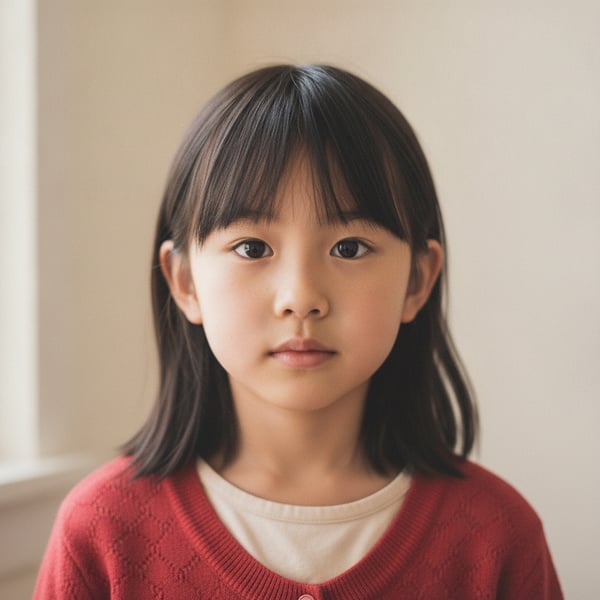 Reference portrait: Straight black hair with a fringe, age 7.