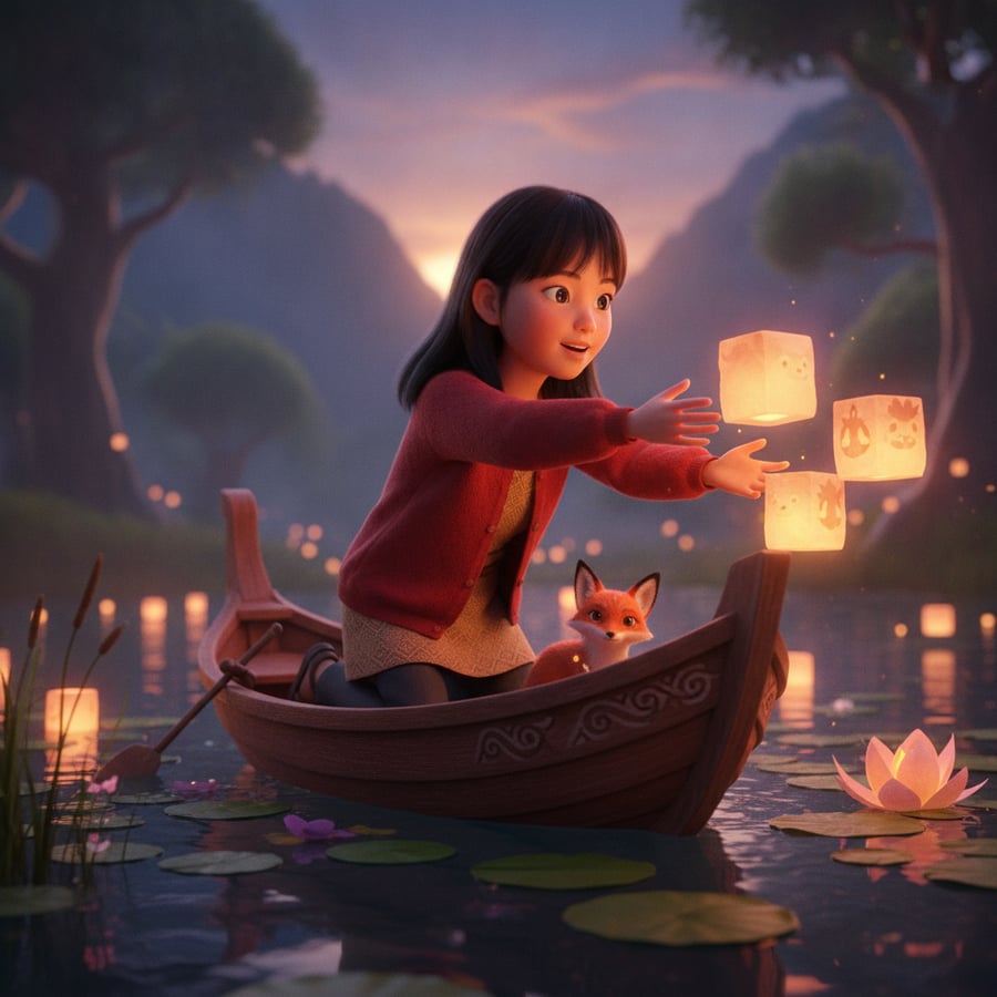 The same child illustrated inside a story scene: Straight black hair with a fringe.