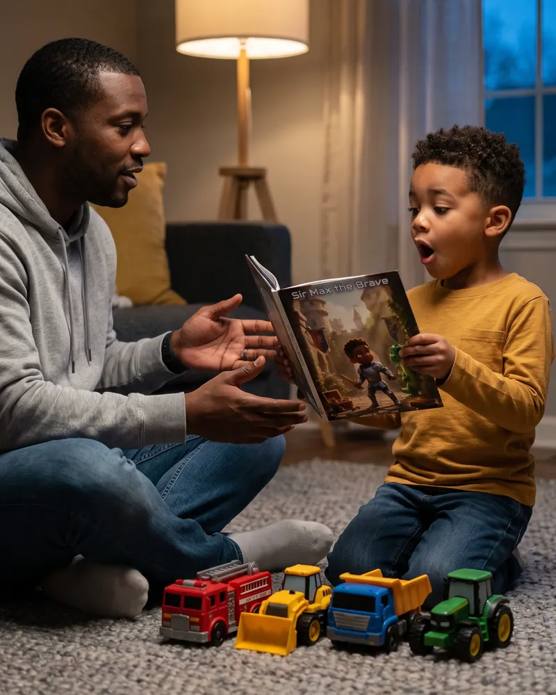 A father and his son on the rug, opening the knight book he is the hero of.