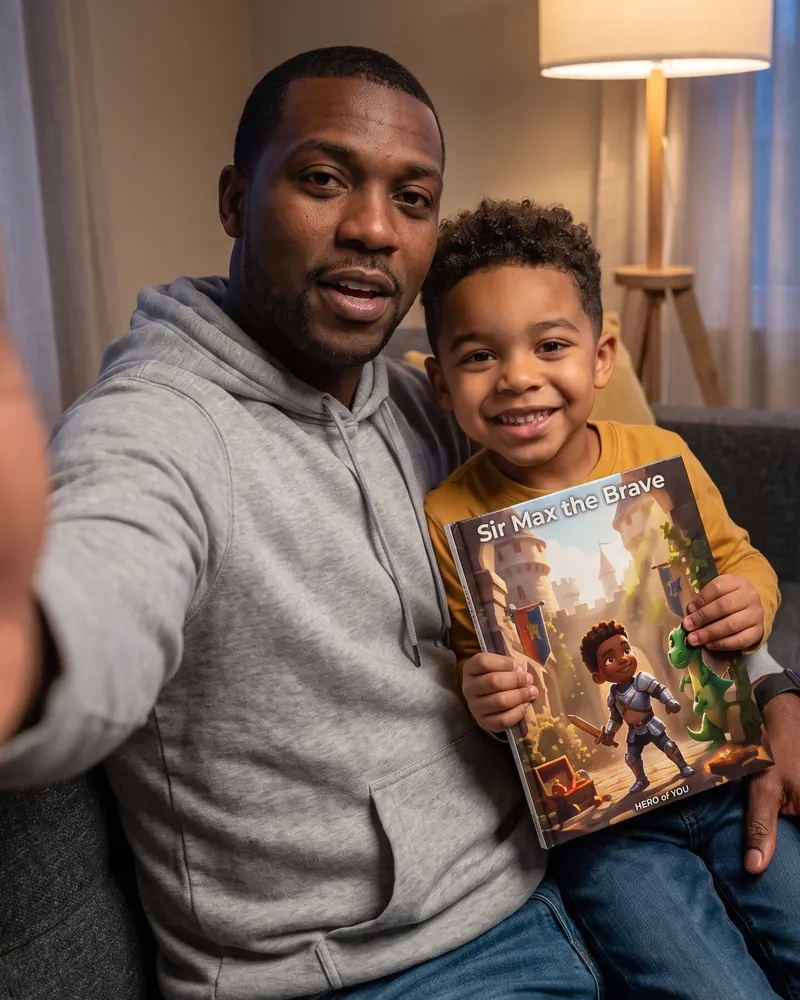 A father and son holding up the knight book with the boy on its cover.