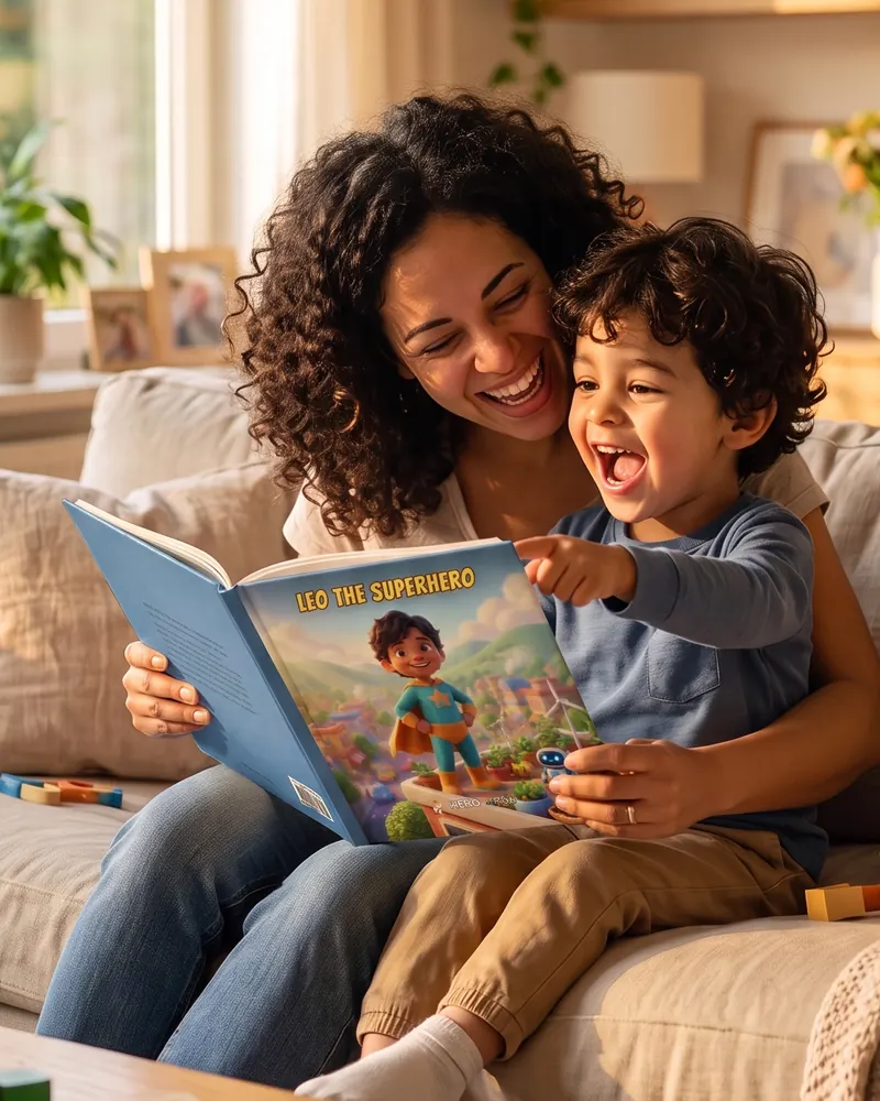 A mother and her son on the sofa, reading his own superhero book together.